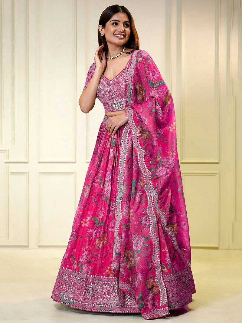 women's elegant pink floral printed lehenga choli with sequin embellished blouse, mirror work dupatta and flowing flared skirt – perfect for weddings, parties, festive & traditional occasions women's elegant pink floral printed lehenga choli with sequin embellished blouse, mirror work dupatta and flowing flared skirt – perfect for weddings, parties, festive & traditional occasions