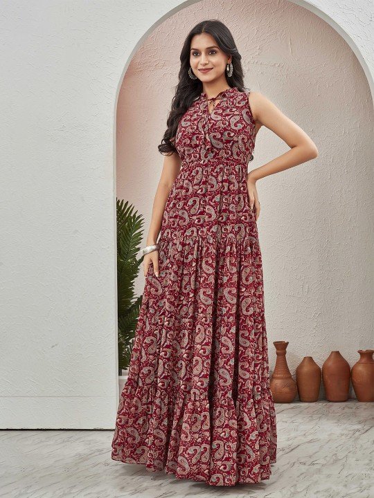 women georgette ethnic motifs printed tie up neck fit & flare maxi dress women georgette ethnic motifs printed tie up neck fit & flare maxi dress