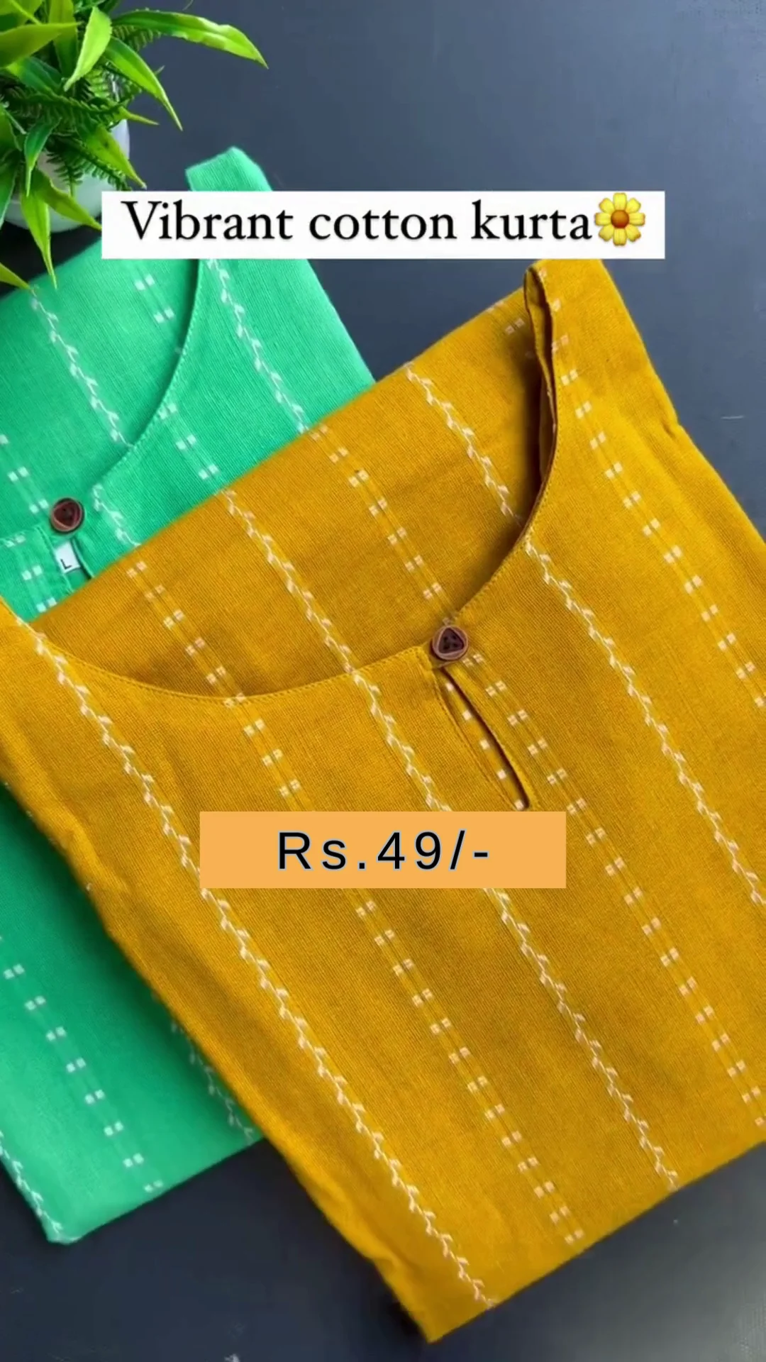 vibrant cotton kurta duo: mustard yellow and bright green simple printed tunic set with round neck and decorative wooden button detail vibrant cotton kurta duo: mustard yellow and bright green simple printed tunic set with round neck and decorative wooden button detail