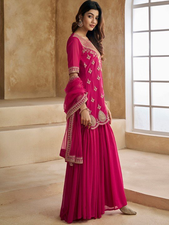 ethnic motifs embroidered sequinned scalloped kurti with sharara & dupatta ethnic motifs embroidered sequinned scalloped kurti with sharara & dupatta