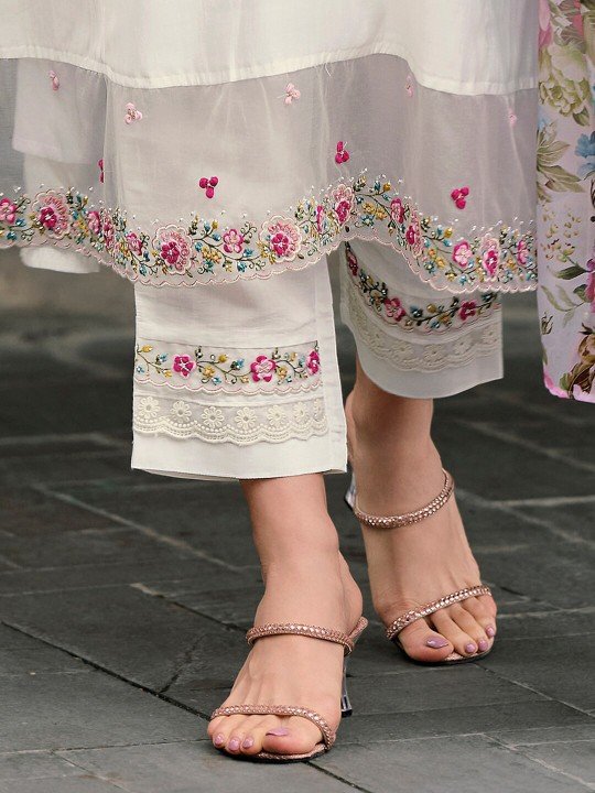 floral embroidered thread work a line kurta with trousers & dupatta floral embroidered thread work a line kurta with trousers & dupatta