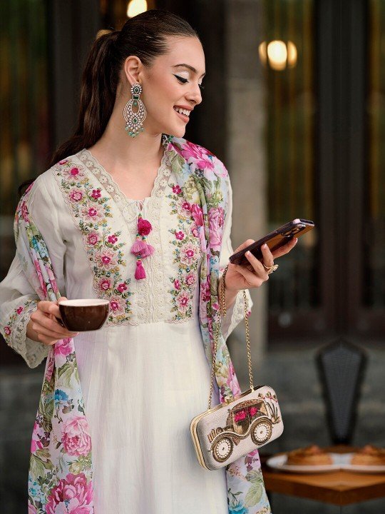 floral embroidered thread work a line kurta with trousers & dupatta floral embroidered thread work a line kurta with trousers & dupatta
