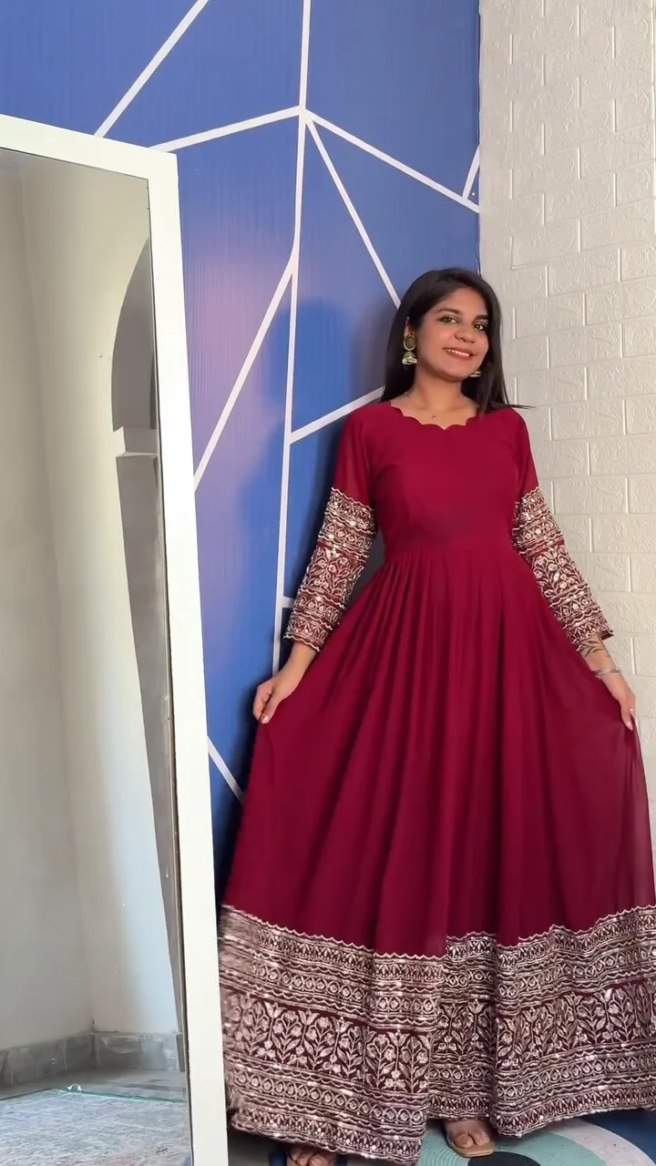elegant maroon anarkali dress with printed borders and stylish red layered peplum kurta set with pants – perfect ethnic fusion wear for festive and party occasions elegant maroon anarkali dress with printed borders and stylish red layered peplum kurta set with pants – perfect ethnic fusion wear for festive and party occasions