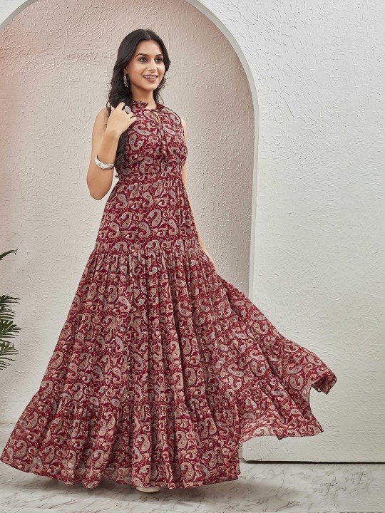 women georgette ethnic motifs printed tie up neck fit & flare maxi dress women georgette ethnic motifs printed tie up neck fit & flare maxi dress