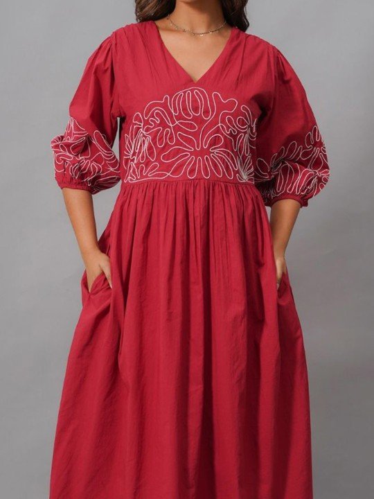 abstract embroidered v neck midi cotton dress abstract embroidered v neck midi cotton dress